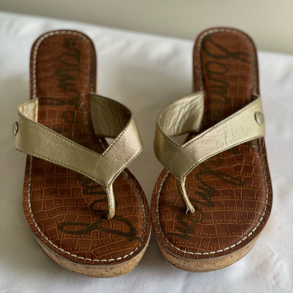 Sam Edelman 'Romy' Cork Wedge Heel Platform Gold Thong Sandals Womens 8.5